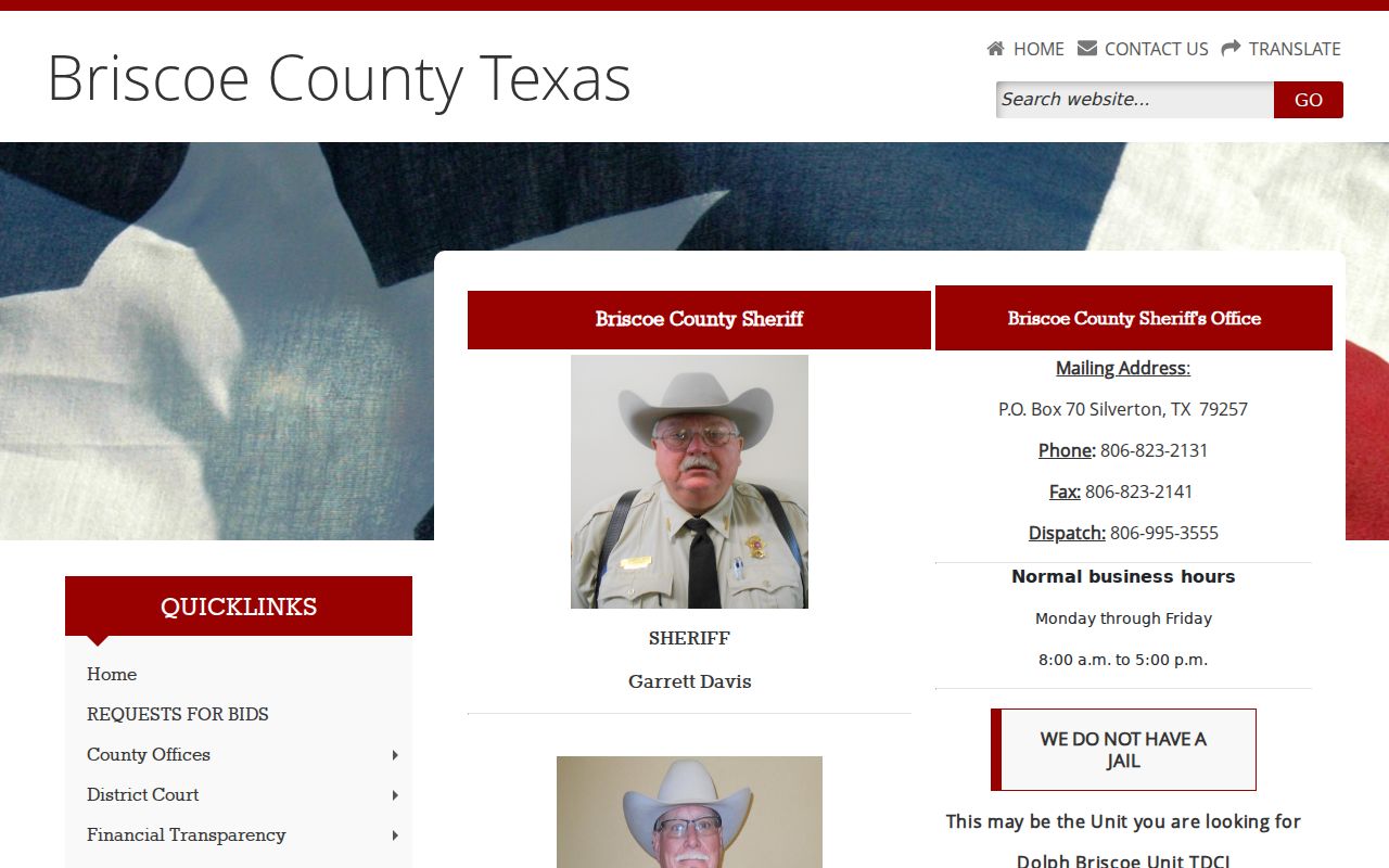 Briscoe County Sheriff official page stating the county has no jail