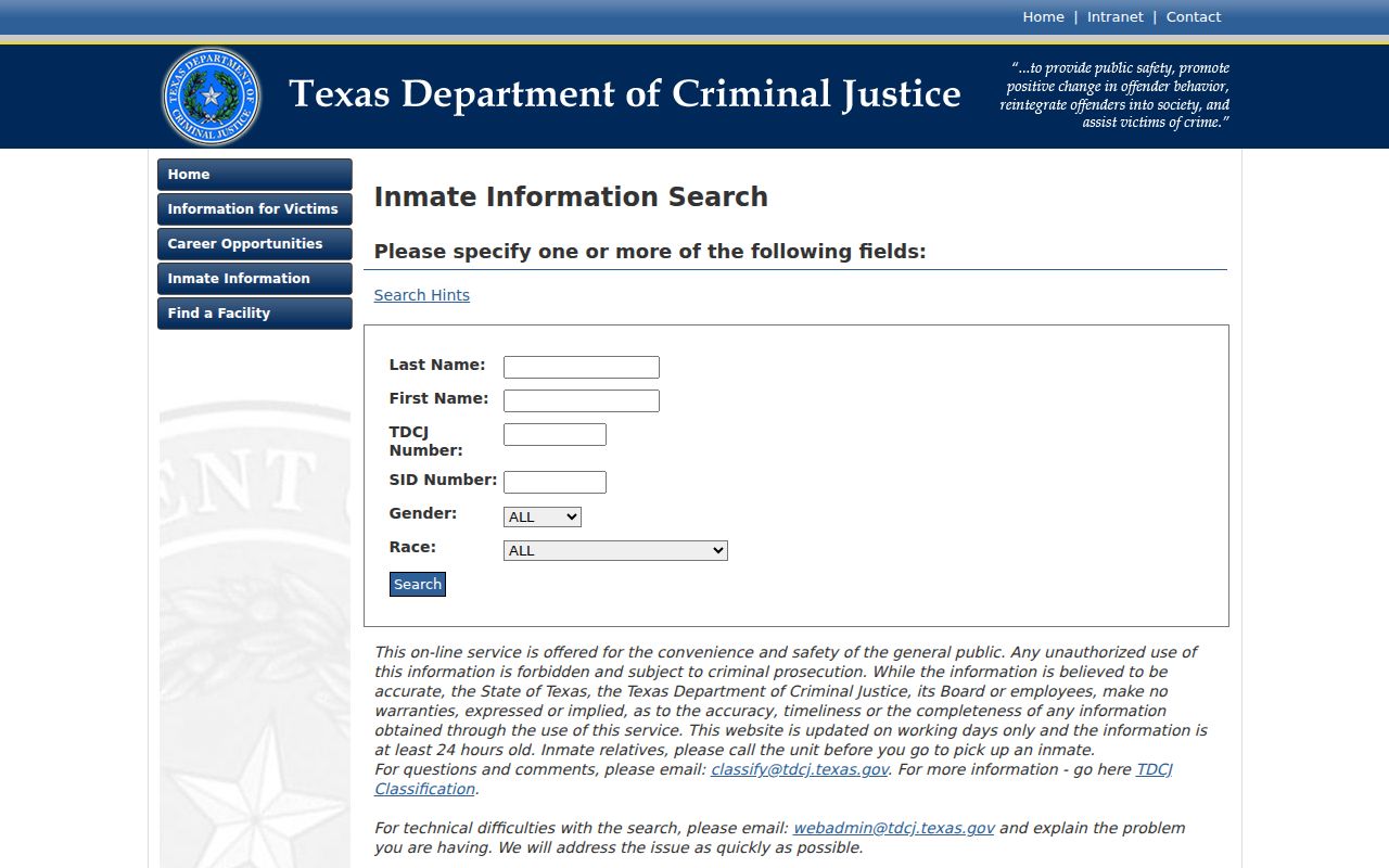TDCJ Inmate Information Search fields for state custody records