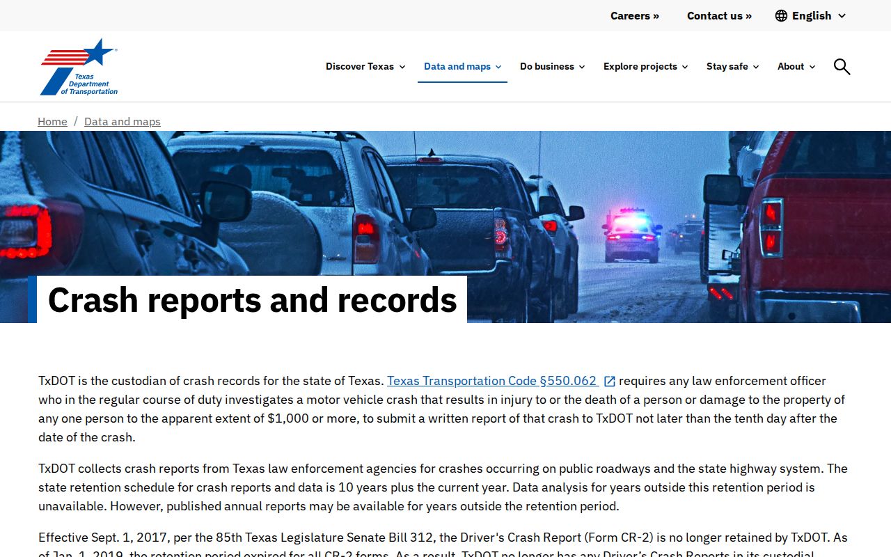 Texas Department of Transportation official crash report request page