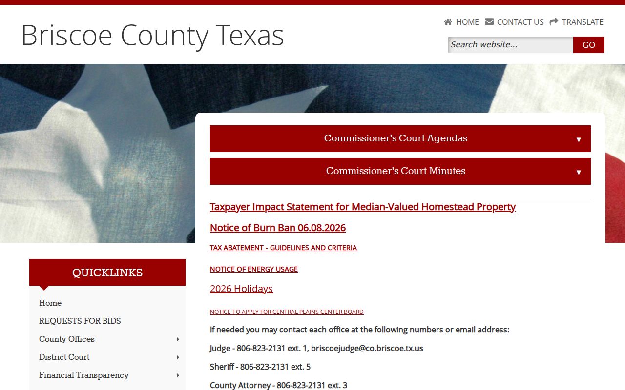 Briscoe County public notices page with dated county information relevant to Quitaque record visits