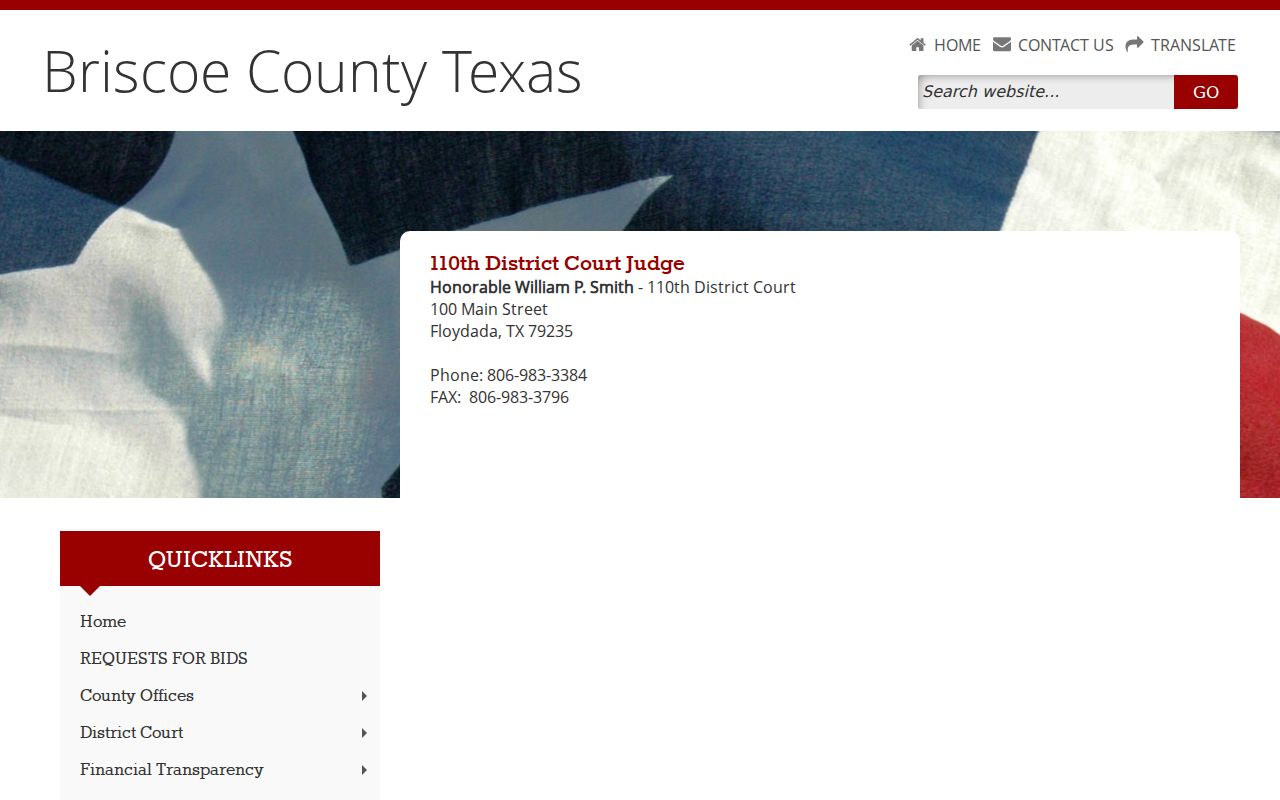Official 110th District Court contact page serving Briscoe County
