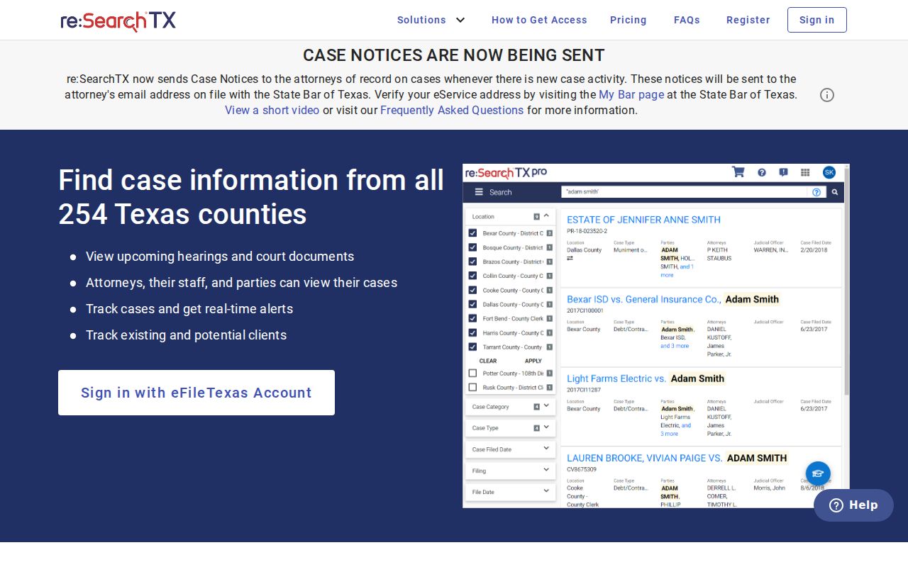 re:SearchTX statewide court record login and search interface