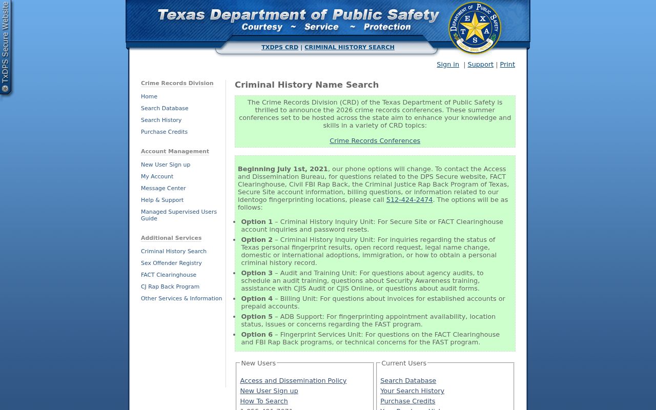 Briscoe County criminal history Texas DPS public name search interface