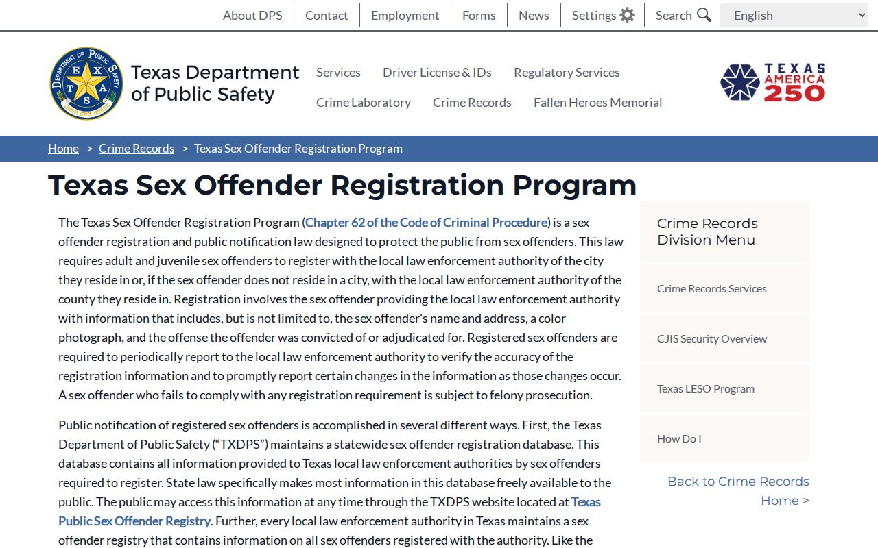 Texas DPS sex offender registration and public notification program page