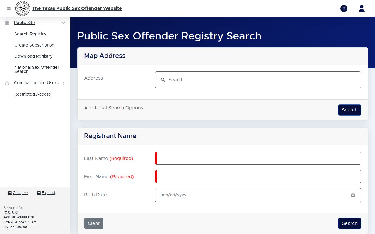 Texas DPS Public Sex Offender Registry search tabs and controls for a Briscoe County search